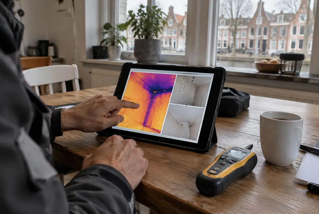 Lekdetectie Purmerend – lekdetectierapport met warmtebeelden en foto's op een tablet