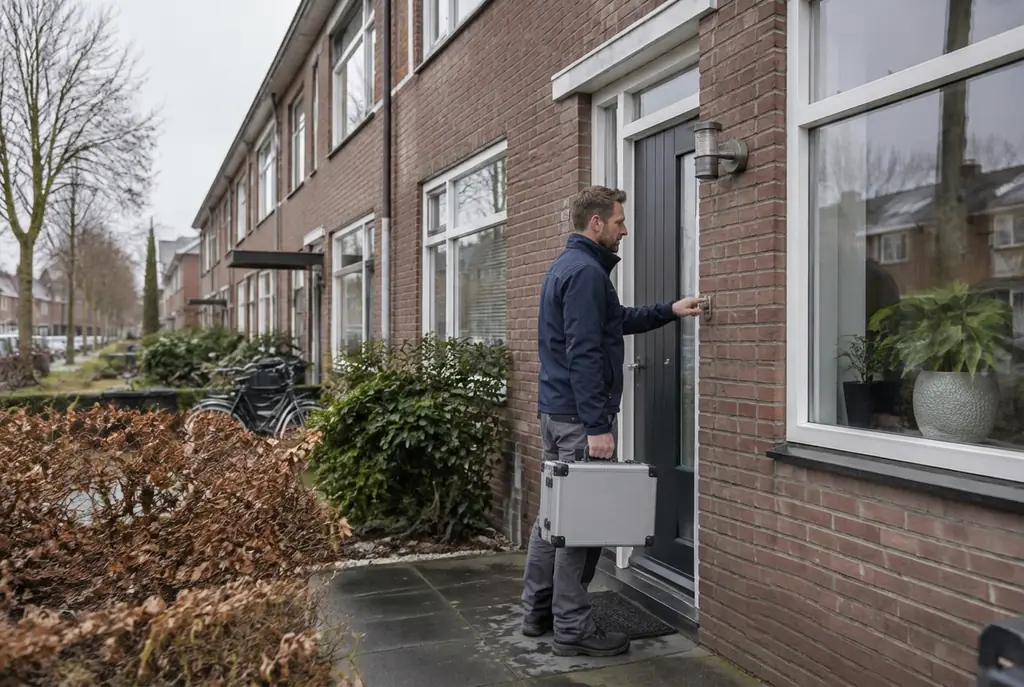 Lekdetectiespecialist met meetkoffer bij de voordeur van een woning in Purmerend